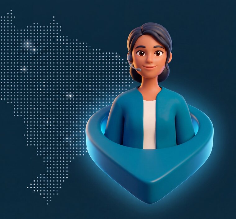 Elza, atendente virtual do Localizador de Advogados, dentro de um pin de localização sobre o mapa do Brasil